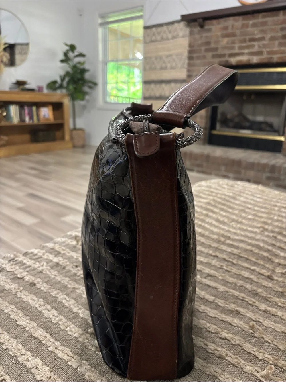 Brighton Croc- Embossed Glossed Dark Brown Large‎ Ring Leather Shoulder Tote Bag